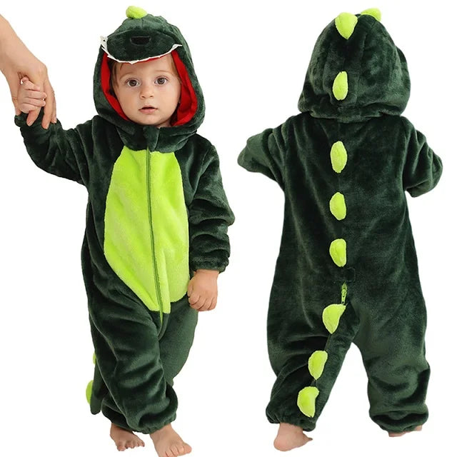 Cozy Dino Flannel Romper – Winter Animal Costume for Babies (1–3Y)