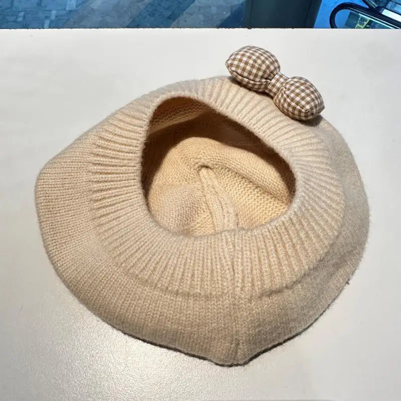 Gingham Bow Knit Beret – Classic Charm for Little Fashionistas
