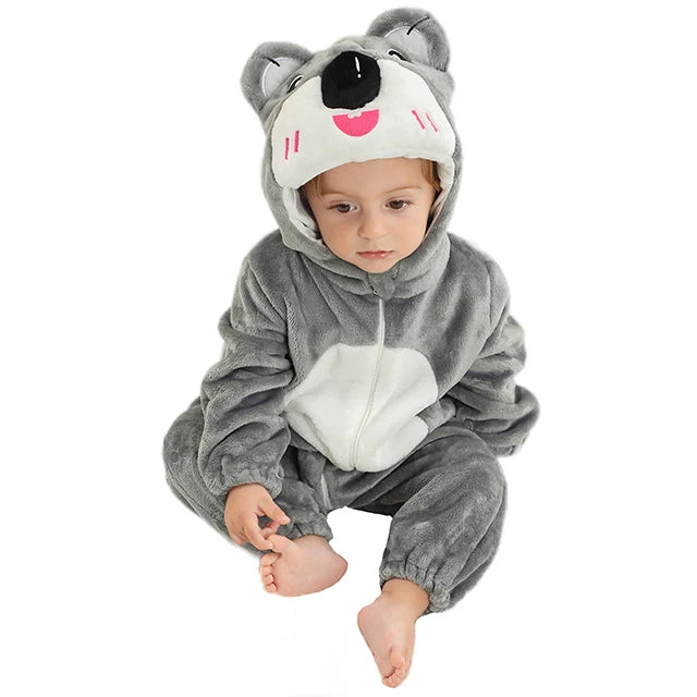 Cozy Dino Flannel Romper – Winter Animal Costume for Babies (1–3Y)