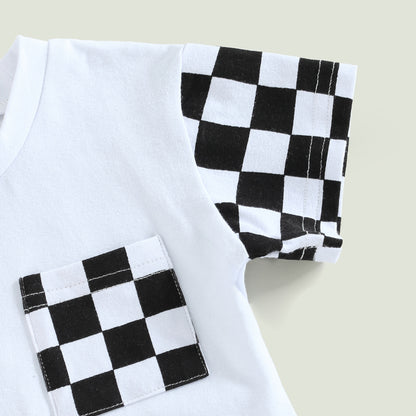 0-3Y Toddler Boy Summer Set – Plaid Patchwork Pocket Tee & Elastic Waist Shorts