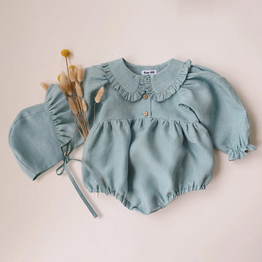 Cotton-Linen Romper & Bonnet Set – Soft & Elegant Baby Outfit