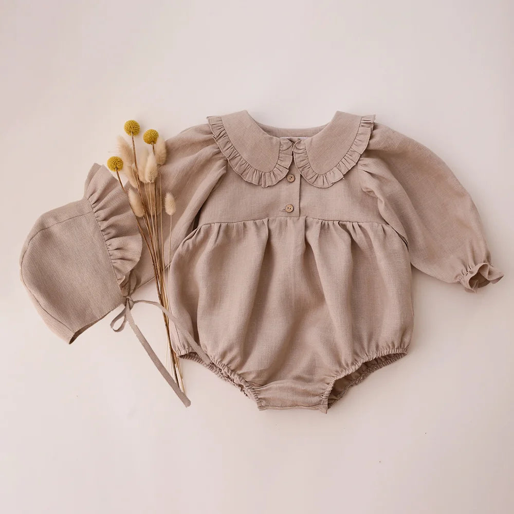Cotton-Linen Romper & Bonnet Set – Soft & Elegant Baby Outfit