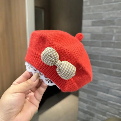 Gingham Bow Knit Beret – Classic Charm for Little Fashionistas
