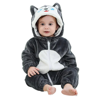 Cozy Dino Flannel Romper – Winter Animal Costume for Babies (1–3Y)