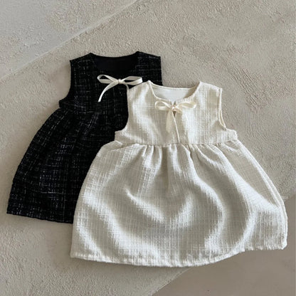Elegant Tweed Bow Dress – Sleeveless One-Piece for Baby Girls