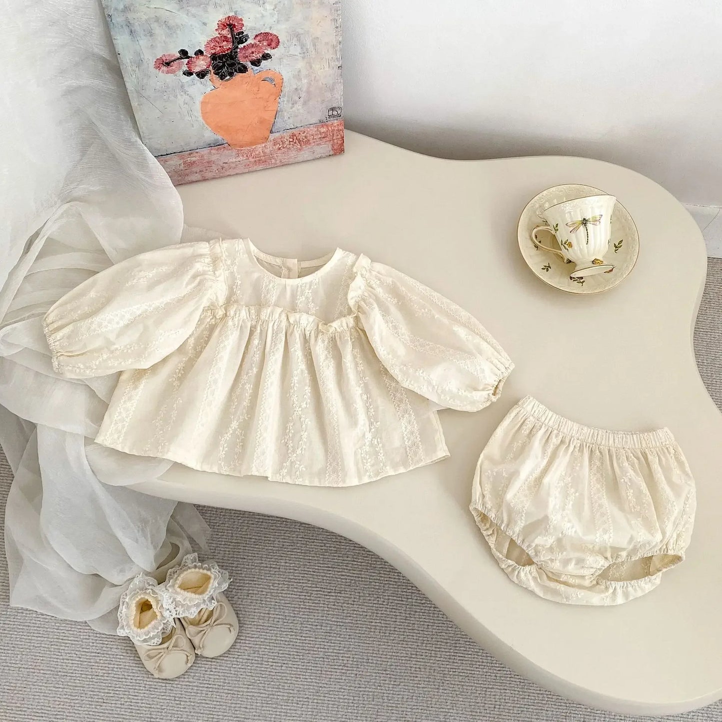 Elegant Embroidered Baby Set – 2PCS Cotton Outfit for Girls