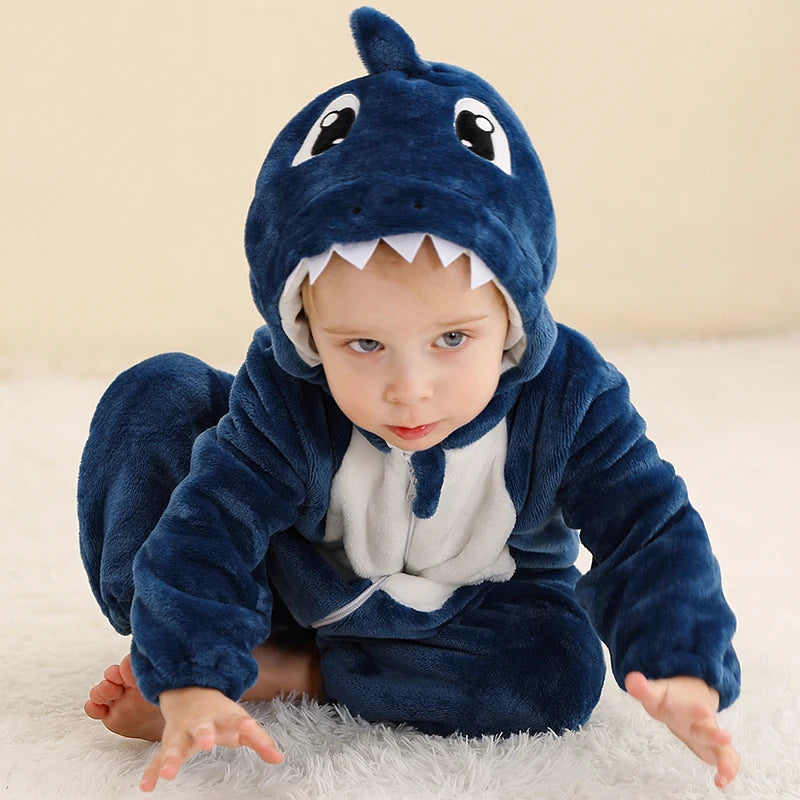 Cozy Dino Flannel Romper – Winter Animal Costume for Babies (1–3Y)