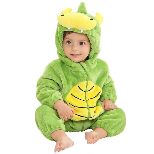 Cozy Dino Flannel Romper – Winter Animal Costume for Babies (1–3Y)