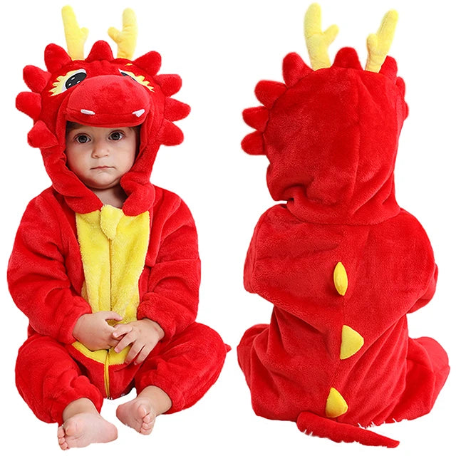 Cozy Dino Flannel Romper – Winter Animal Costume for Babies (1–3Y)