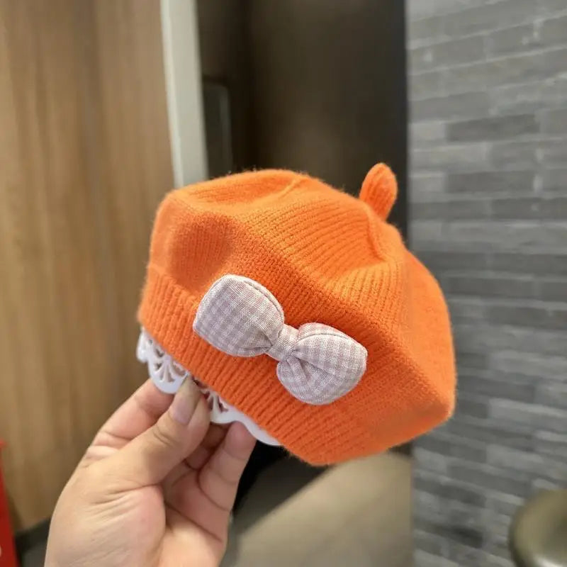 Gingham Bow Knit Beret – Classic Charm for Little Fashionistas