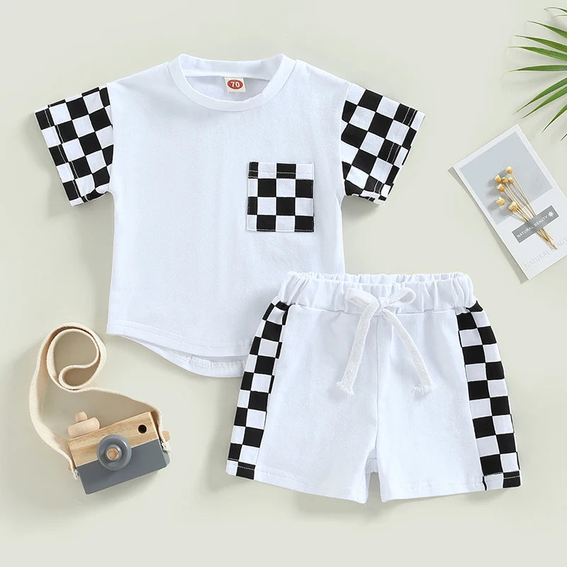 0-3Y Toddler Boy Summer Set – Plaid Patchwork Pocket Tee & Elastic Waist Shorts