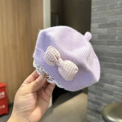 Gingham Bow Knit Beret – Classic Charm for Little Fashionistas