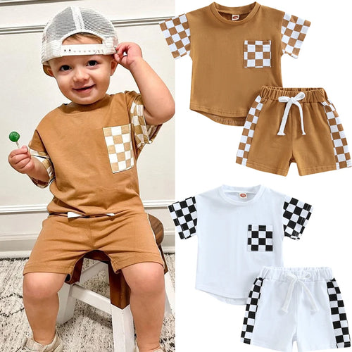 0-3Y Toddler Boy Summer Set – Plaid Patchwork Pocket Tee & Elastic Waist Shorts