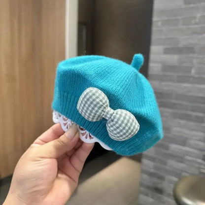 Gingham Bow Knit Beret – Classic Charm for Little Fashionistas