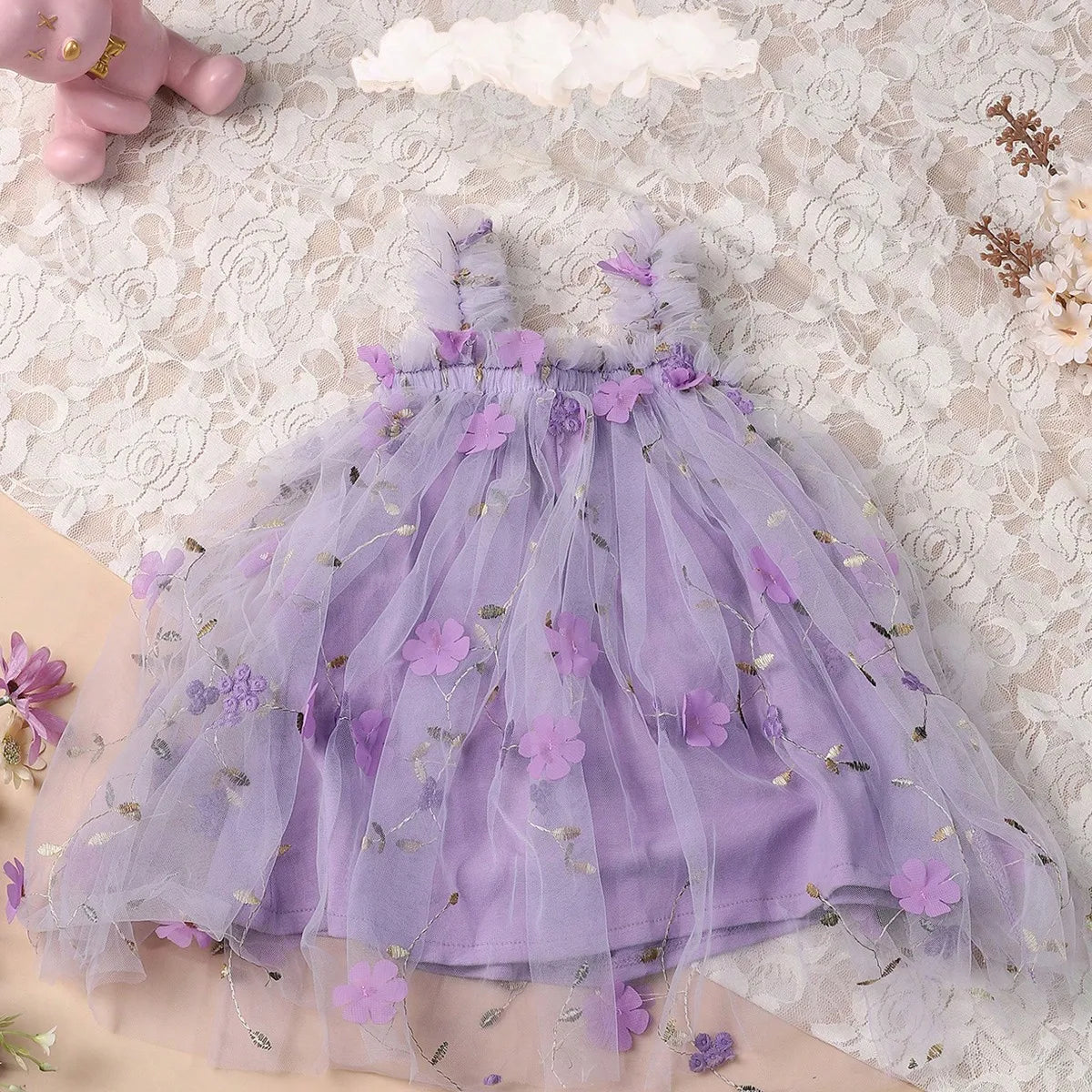 Floral Tulle Princess Dress with Headband