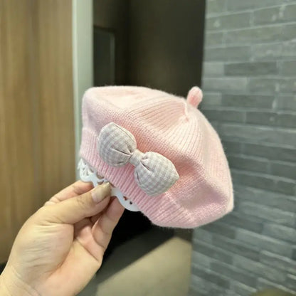 Gingham Bow Knit Beret – Classic Charm for Little Fashionistas