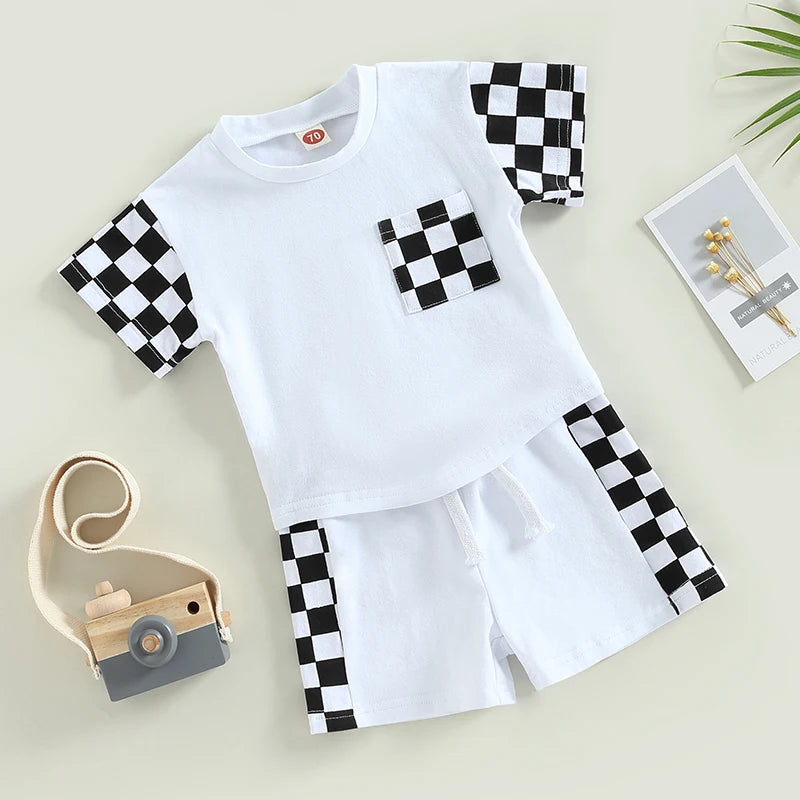 0-3Y Toddler Boy Summer Set – Plaid Patchwork Pocket Tee & Elastic Waist Shorts