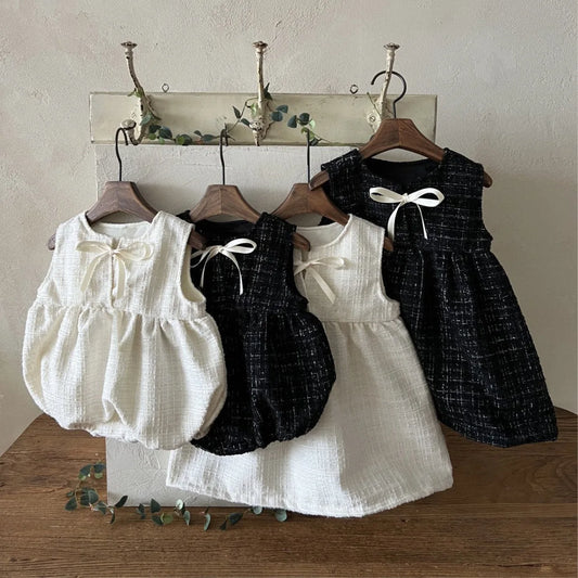 Elegant Tweed Bow Dress – Sleeveless One-Piece for Baby Girls