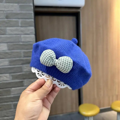 Gingham Bow Knit Beret – Classic Charm for Little Fashionistas
