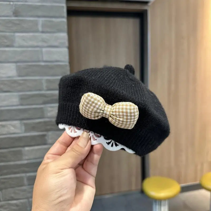 Gingham Bow Knit Beret – Classic Charm for Little Fashionistas