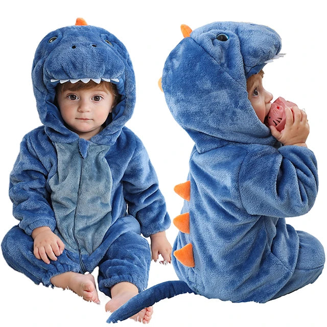 Cozy Dino Flannel Romper – Winter Animal Costume for Babies (1–3Y)