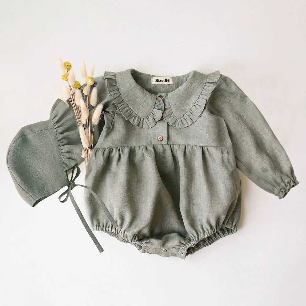 Cotton-Linen Romper & Bonnet Set – Soft & Elegant Baby Outfit