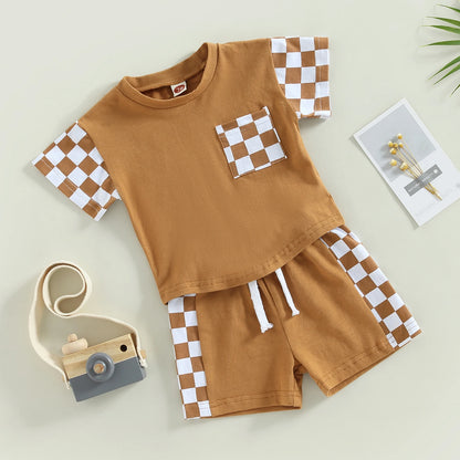 0-3Y Toddler Boy Summer Set – Plaid Patchwork Pocket Tee & Elastic Waist Shorts