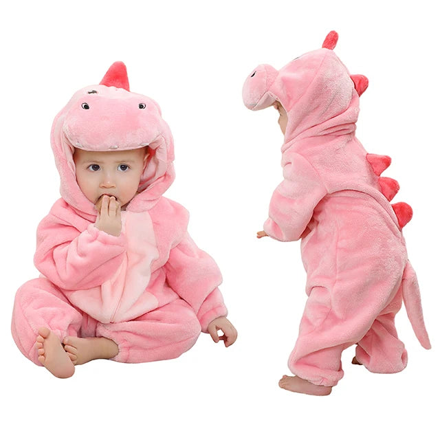 Cozy Dino Flannel Romper – Winter Animal Costume for Babies (1–3Y)