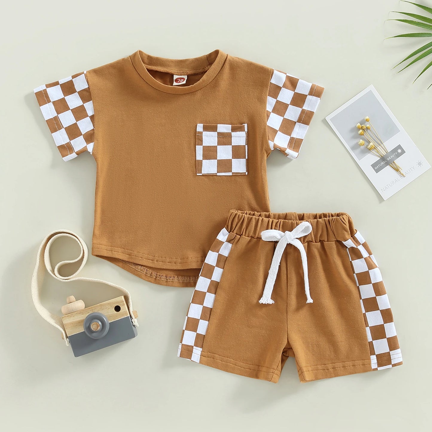 0-3Y Toddler Boy Summer Set – Plaid Patchwork Pocket Tee & Elastic Waist Shorts