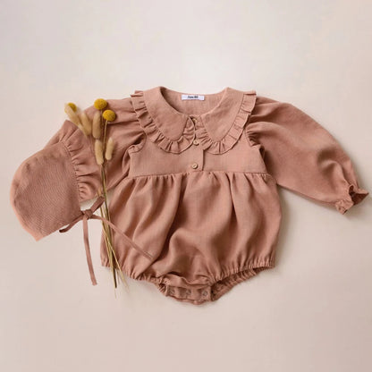 Cotton-Linen Romper & Bonnet Set – Soft & Elegant Baby Outfit