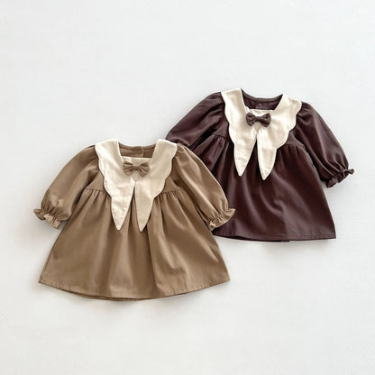 Retro Bow Collar Dress – Long-Sleeve Princess Dress for Girls
