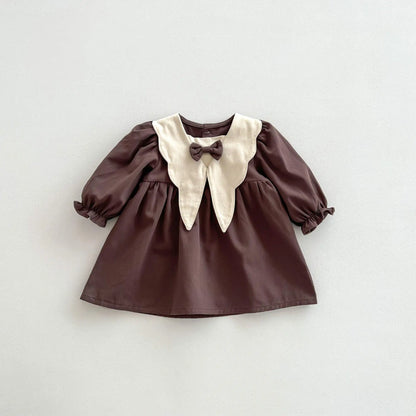 Retro Bow Collar Dress – Long-Sleeve Princess Dress for Girls