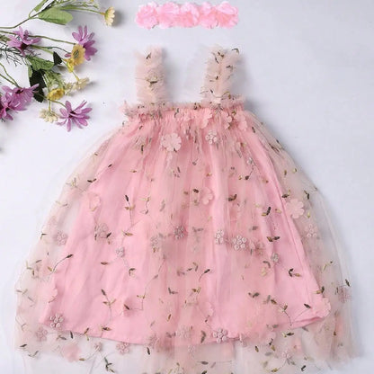 Floral Tulle Princess Dress with Headband
