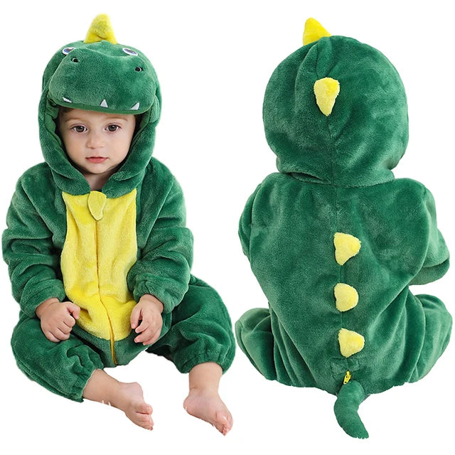 Cozy Dino Flannel Romper – Winter Animal Costume for Babies (1–3Y)