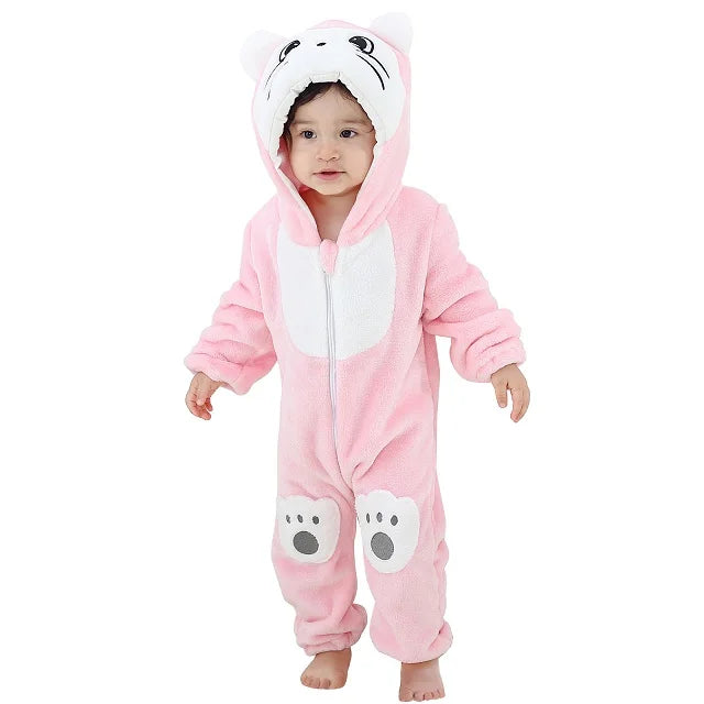 Cozy Dino Flannel Romper – Winter Animal Costume for Babies (1–3Y)