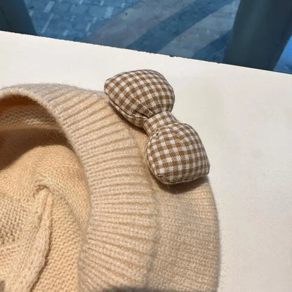 Gingham Bow Knit Beret – Classic Charm for Little Fashionistas