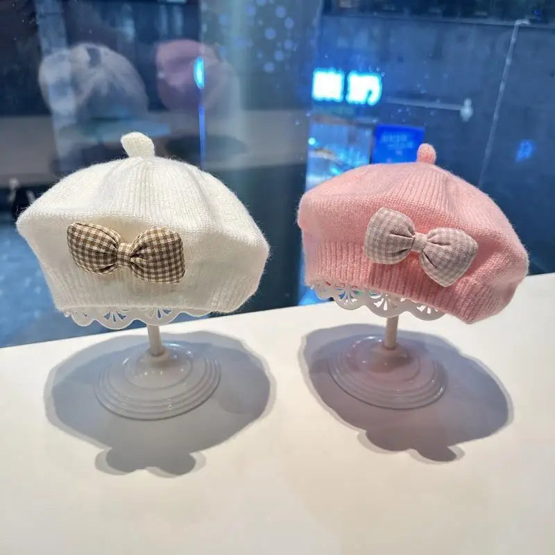 Gingham Bow Knit Beret – Classic Charm for Little Fashionistas