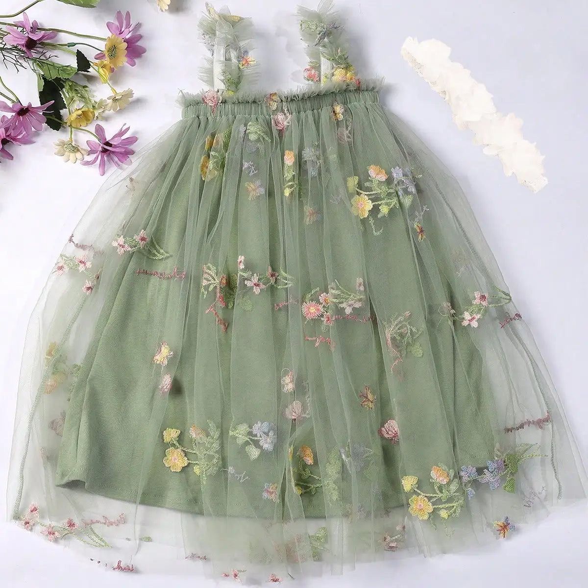 Floral Tulle Princess Dress with Headband