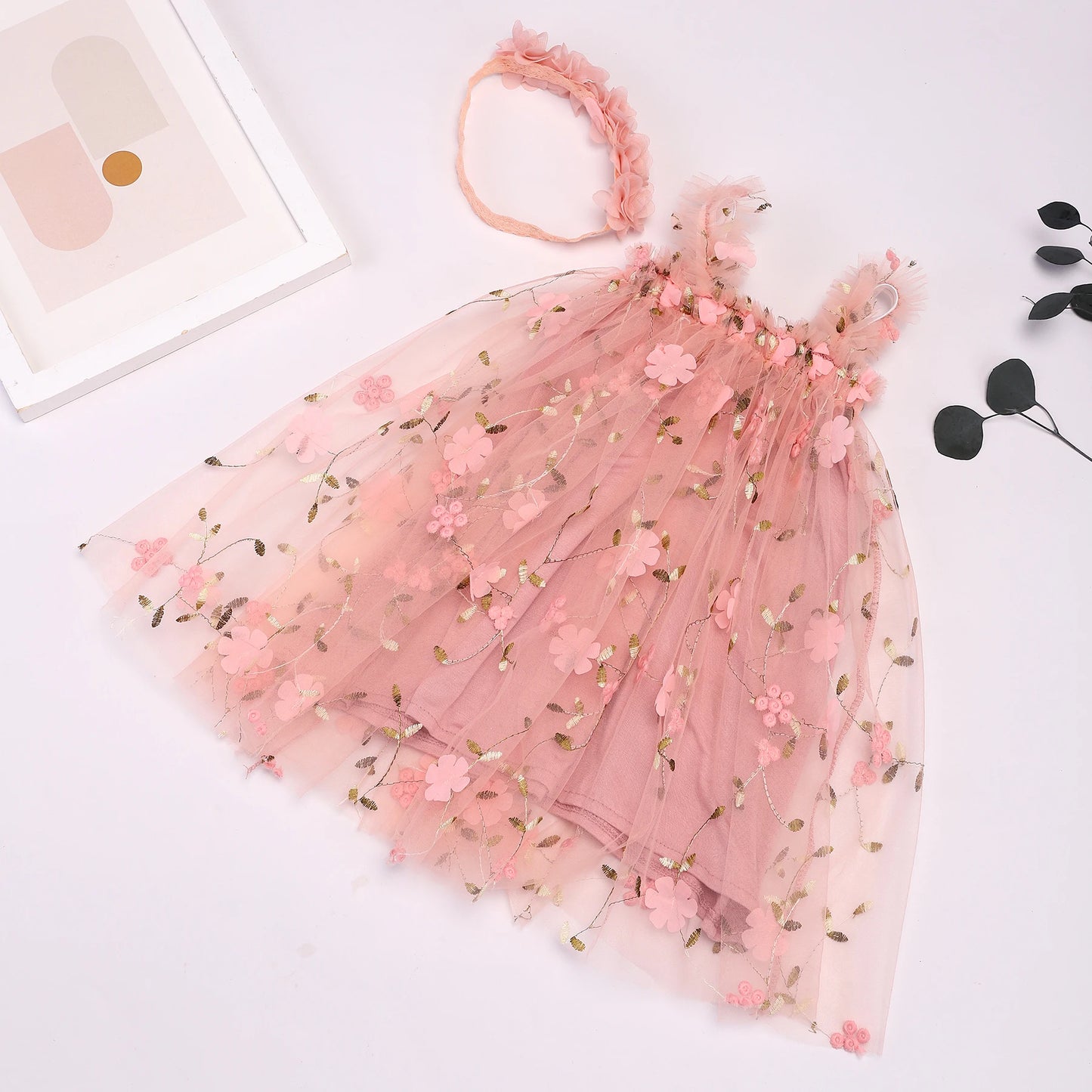 Floral Tulle Princess Dress with Headband