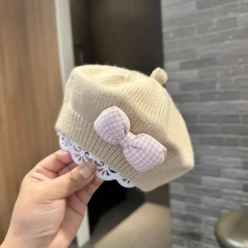Gingham Bow Knit Beret – Classic Charm for Little Fashionistas