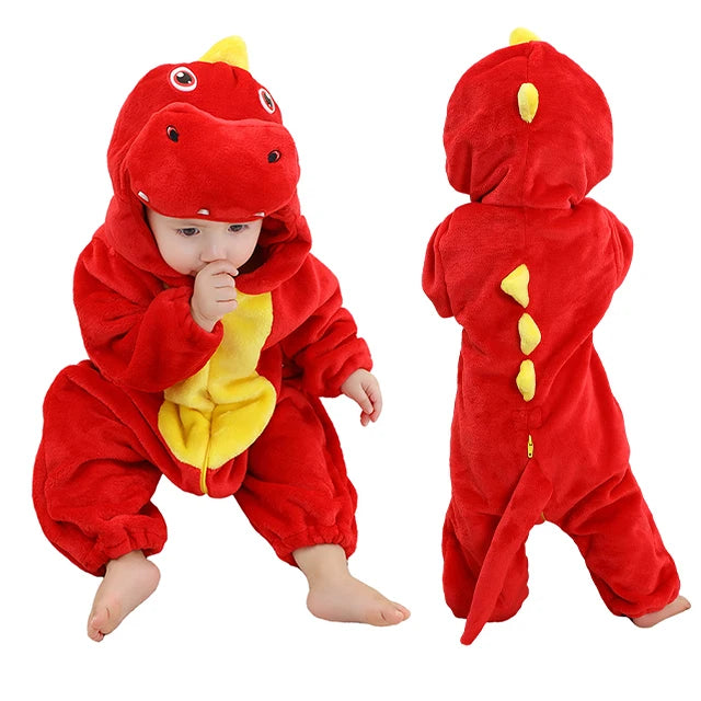 Cozy Dino Flannel Romper – Winter Animal Costume for Babies (1–3Y)
