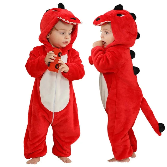 Cozy Dino Flannel Romper – Winter Animal Costume for Babies (1–3Y)