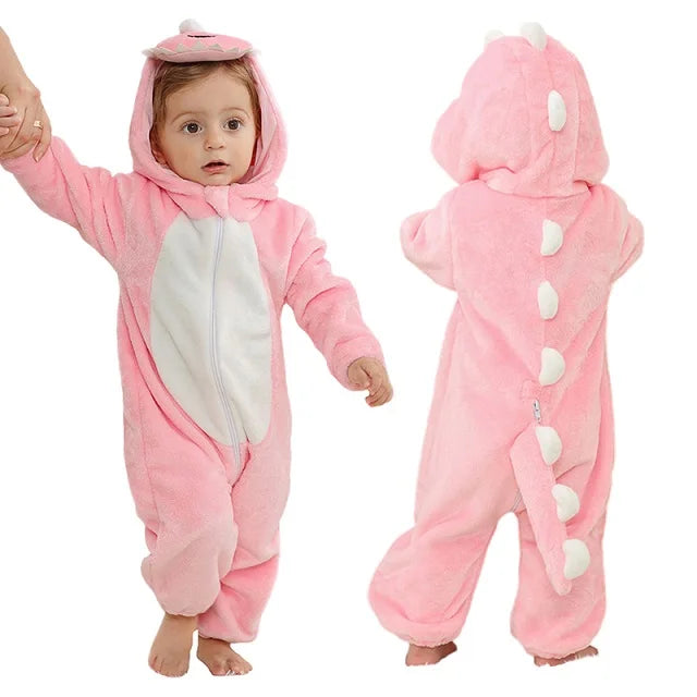 Cozy Dino Flannel Romper – Winter Animal Costume for Babies (1–3Y)