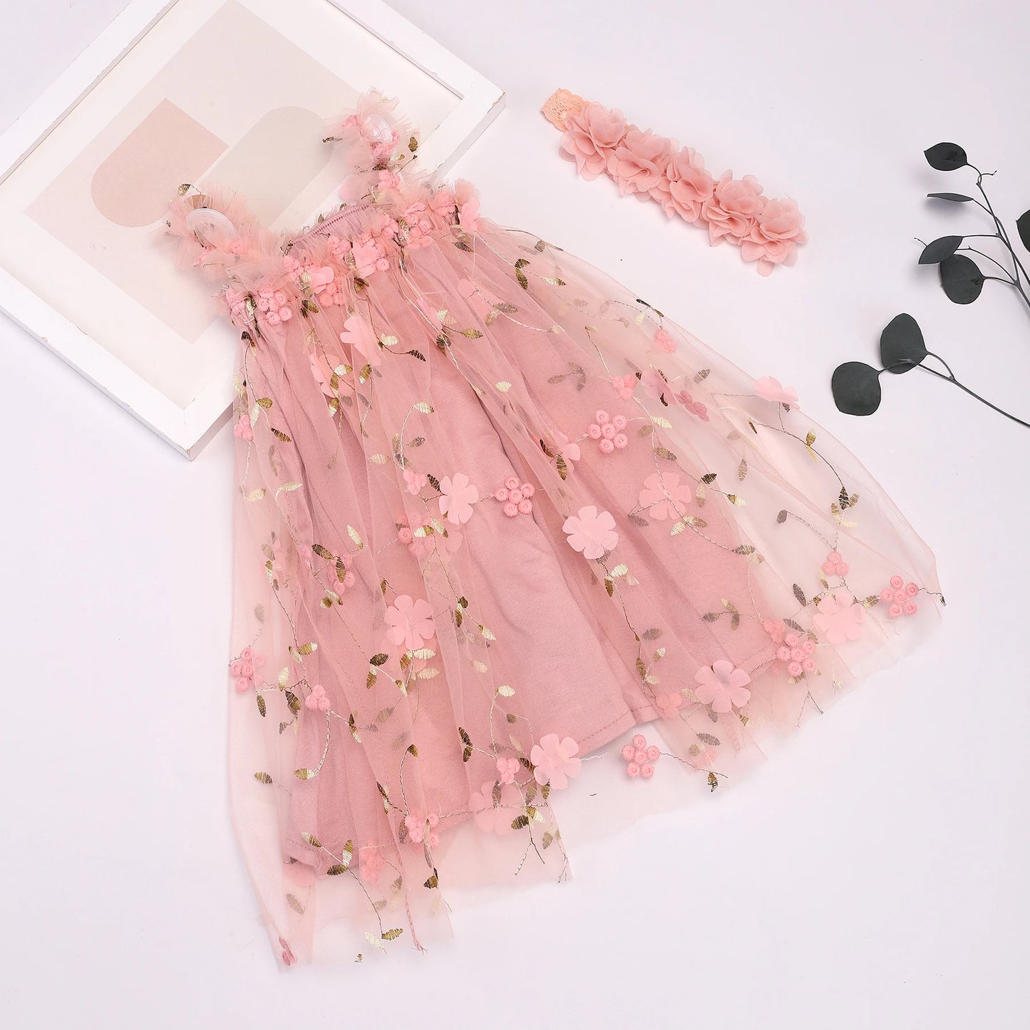 Floral Tulle Princess Dress with Headband