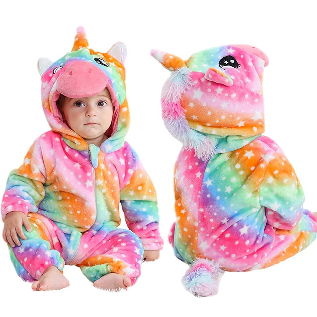 Cozy Dino Flannel Romper – Winter Animal Costume for Babies (1–3Y)