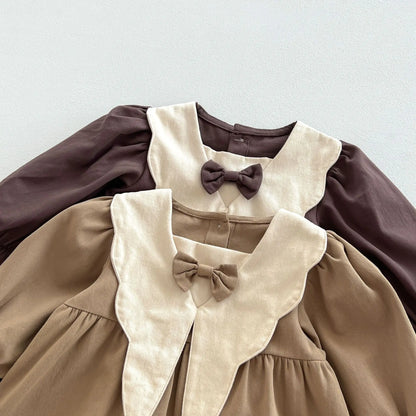 Retro Bow Collar Dress – Long-Sleeve Princess Dress for Girls