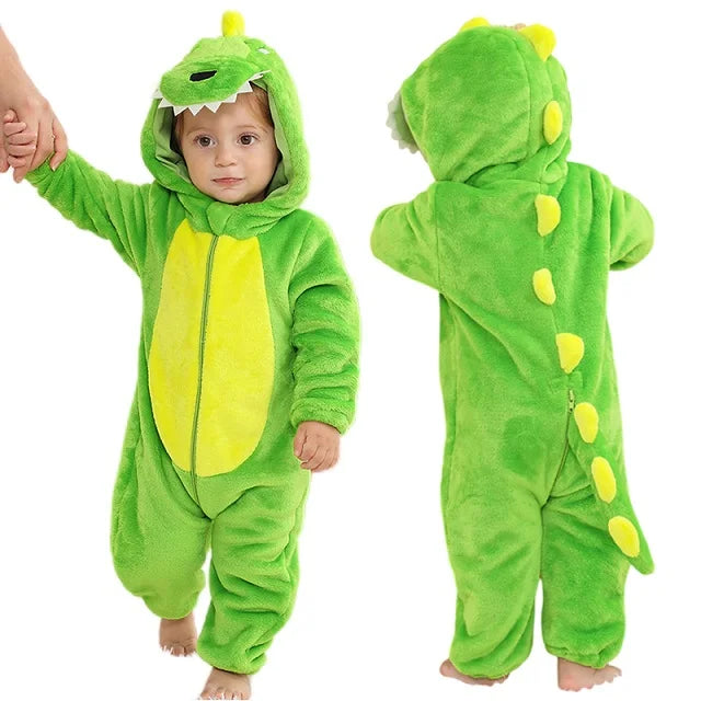 Cozy Dino Flannel Romper – Winter Animal Costume for Babies (1–3Y)