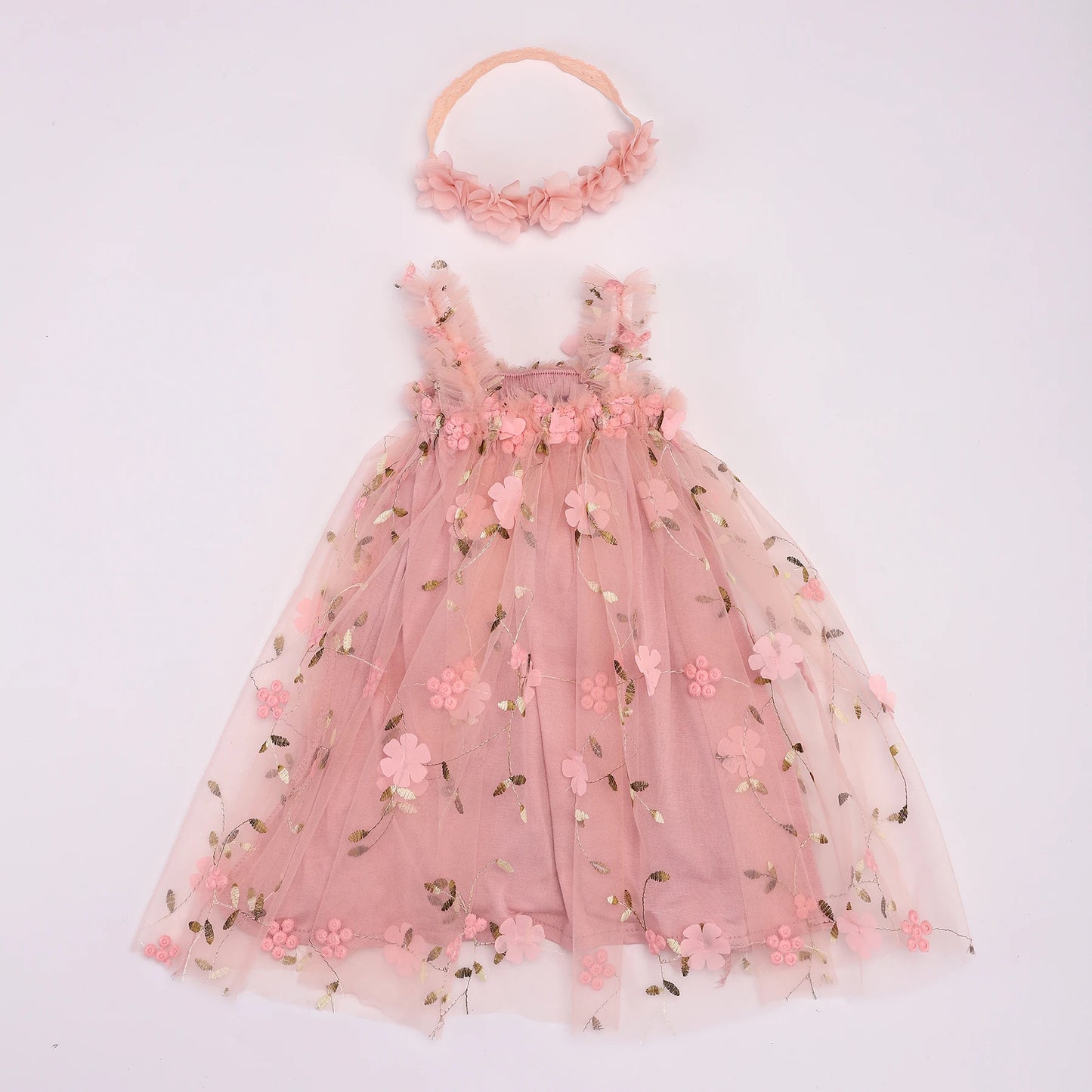 Floral Tulle Princess Dress with Headband