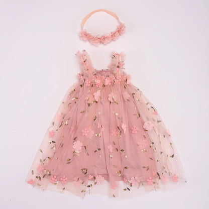 Floral Tulle Princess Dress with Headband