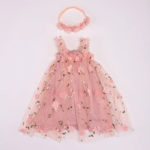 Floral Tulle Princess Dress with Headband